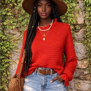 MADEWELL Red Ruffle-Trimmed Rib Knit Sweater, S